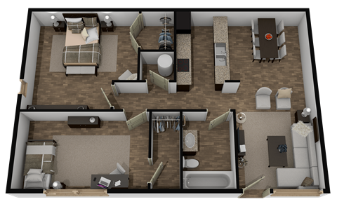 Floor plan for 2 beds, 1 bath, 864 sqft